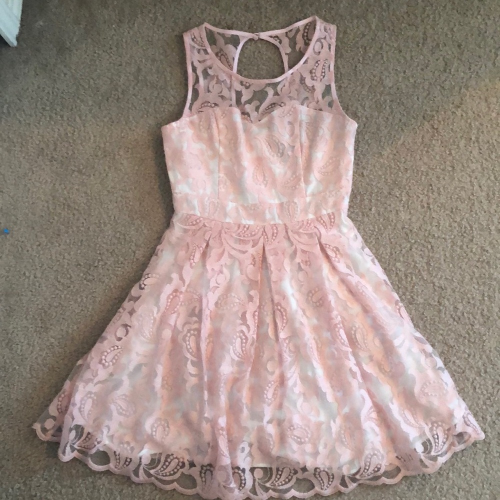 pink dress with lace top.